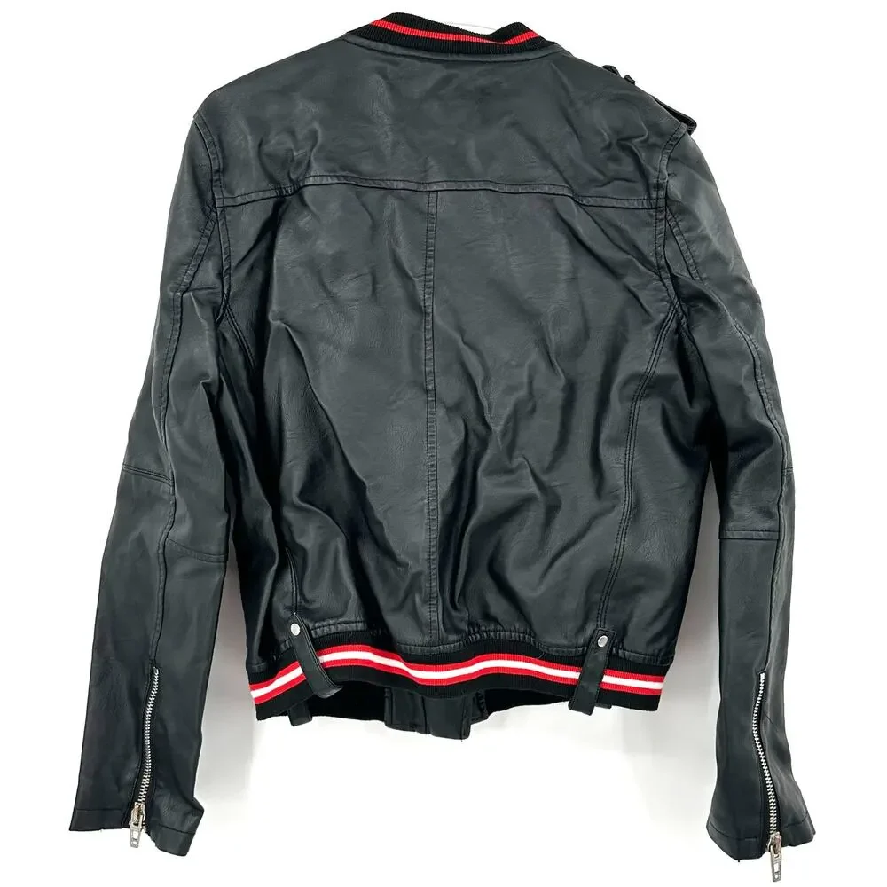 Blank NYC Size Medium Faux Leather Jacket Moto Style‎ Black Red White Zip Up
